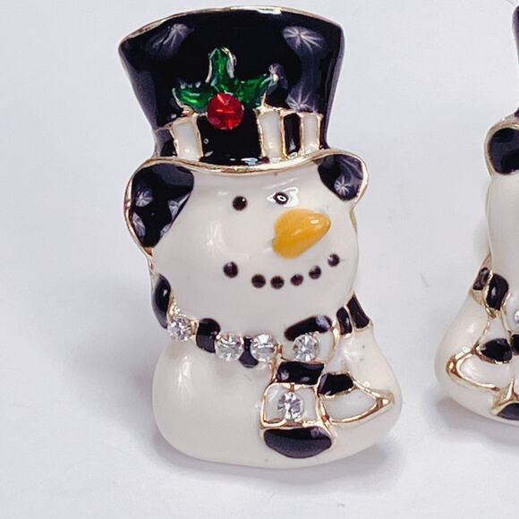 Festive Snowman Clip On Earrings Enamel Rhinestone Retro Cute Christmas Jewelry - Picture 5 of 8